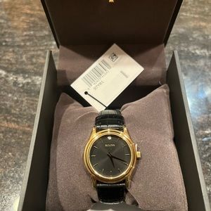 Women Bulova watch Black calf-skin leather band, Gold-tone face and 30MM diamond
